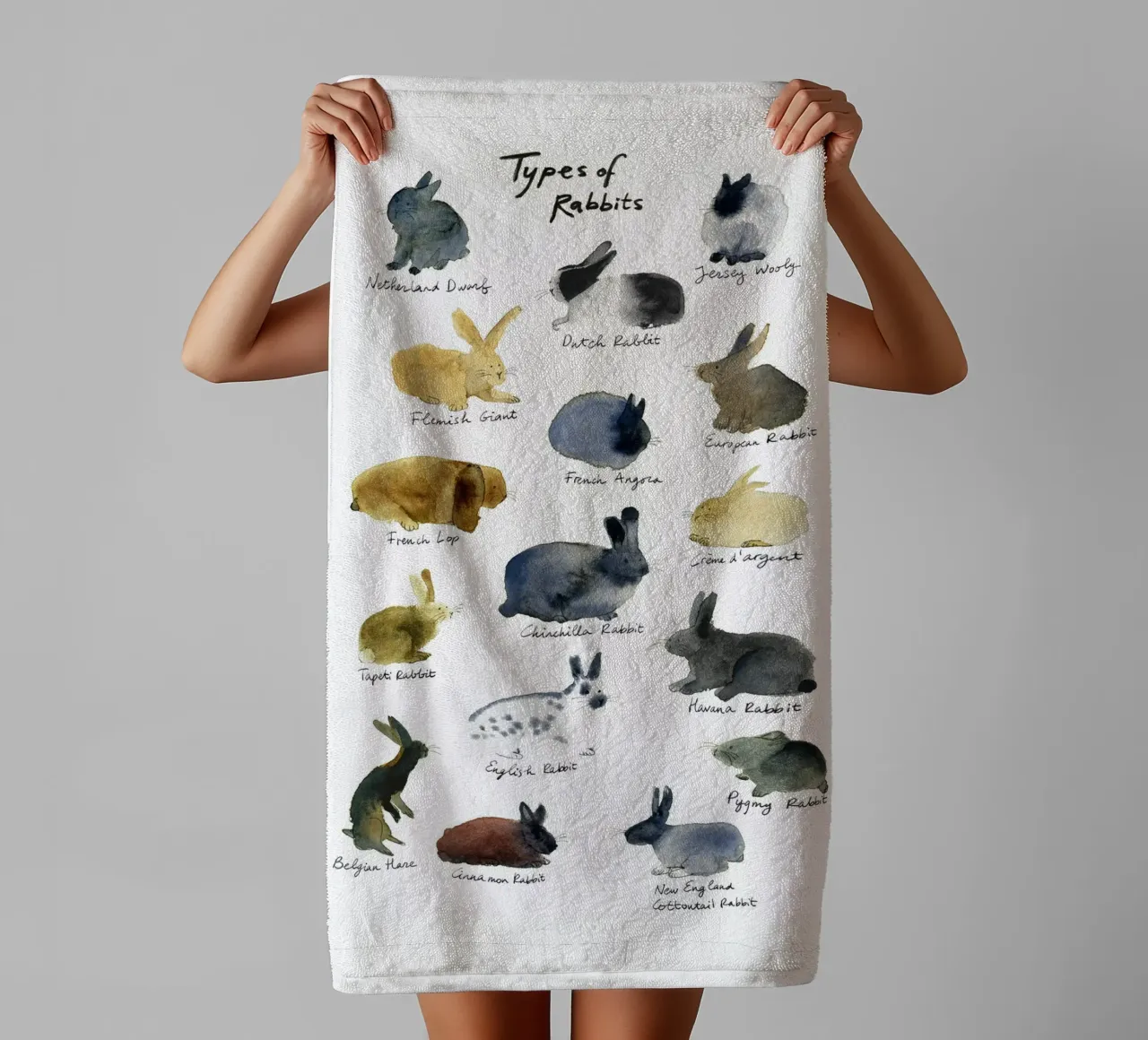Hand-Drawn Rabbit Breeds in Watercolor: Playful and Cute Bun towel by Studio Patruschka