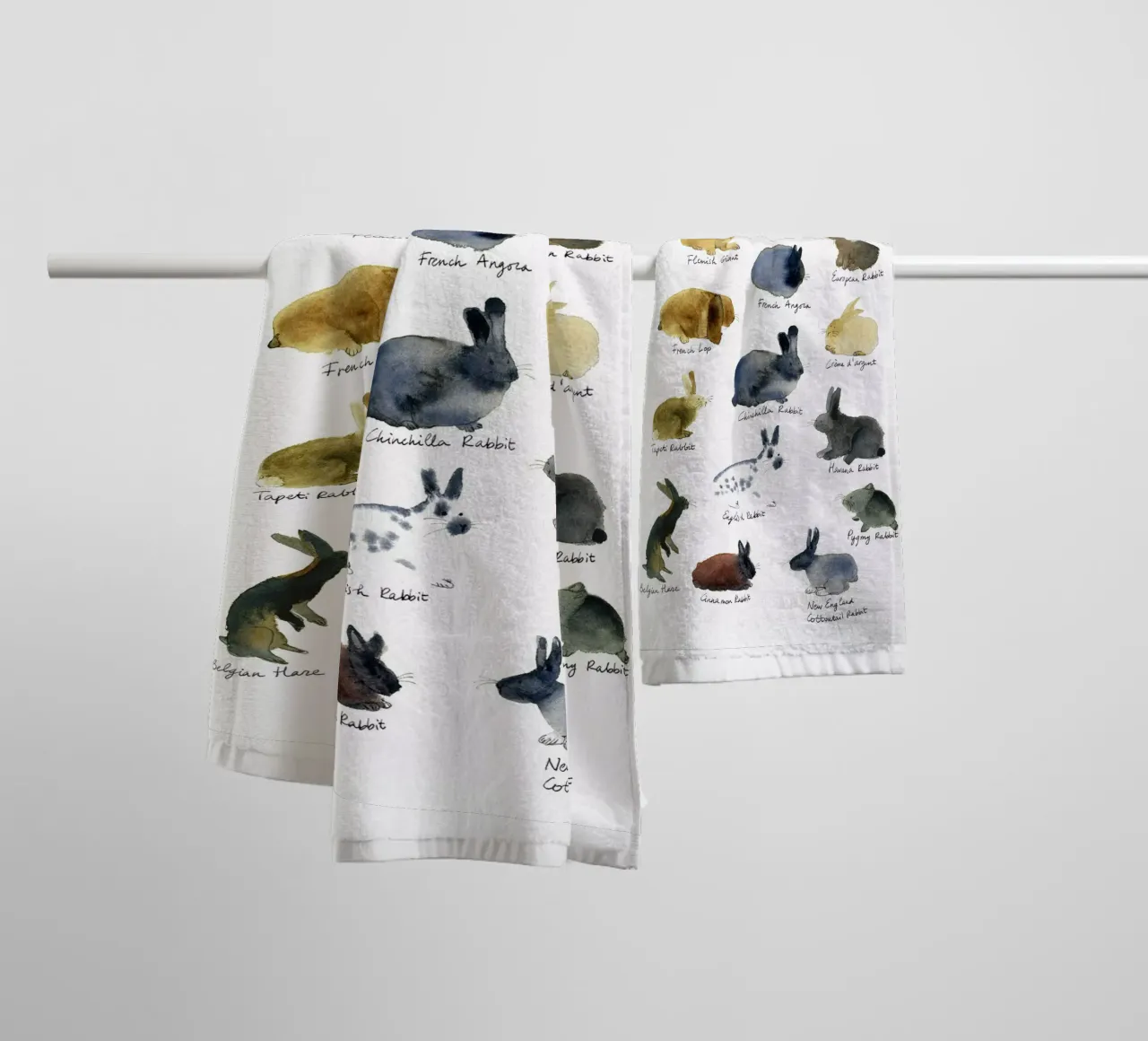 Hand-Drawn Rabbit Breeds in Watercolor: Playful and Cute Bun towel by Studio Patruschka