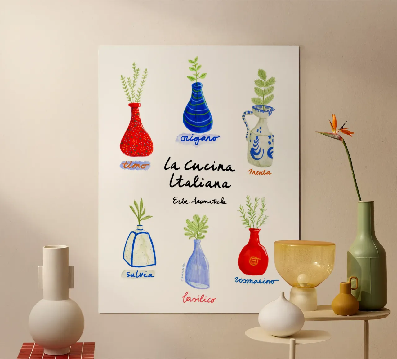 Italian kitchen Basil, Oregano, Mint, Rosemary, Sage, Thyme poster with wooden frame by Studio Patruschka