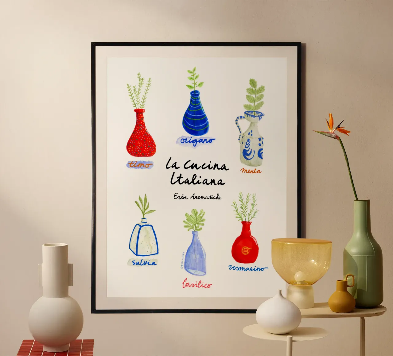Italian kitchen Basil, Oregano, Mint, Rosemary, Sage, Thyme poster with wooden frame by Studio Patruschka