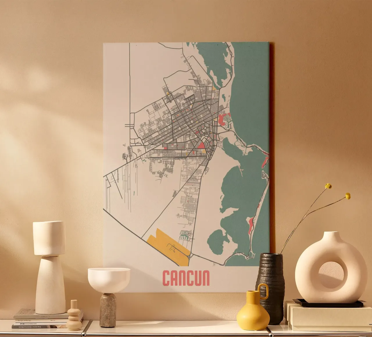 Cancún Kaart - Stijlvolle Kunstprint | FineArt Print canvas met Baklijst van MOOODZART