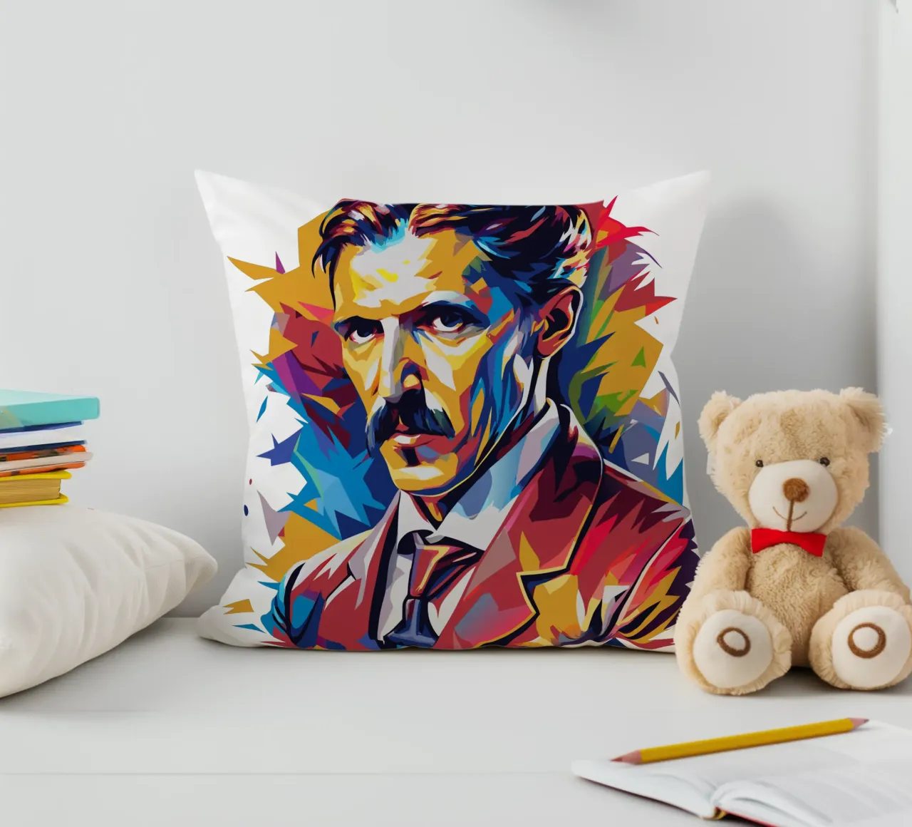 Nikola Tesla In WPAP Pop Art Kissen von vectorartnesia