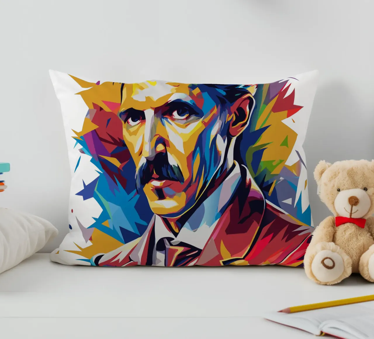 Nikola Tesla In WPAP Pop Art Kissen von vectorartnesia