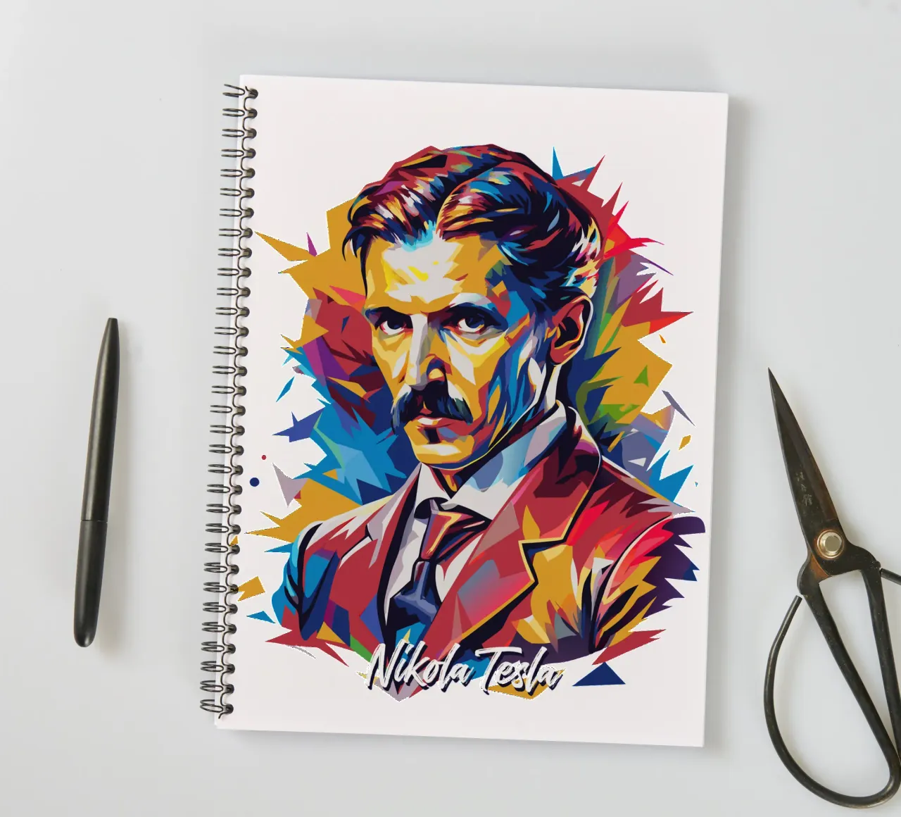 Nikola Tesla In WPAP Pop Art spiral notebook by vectorartnesia