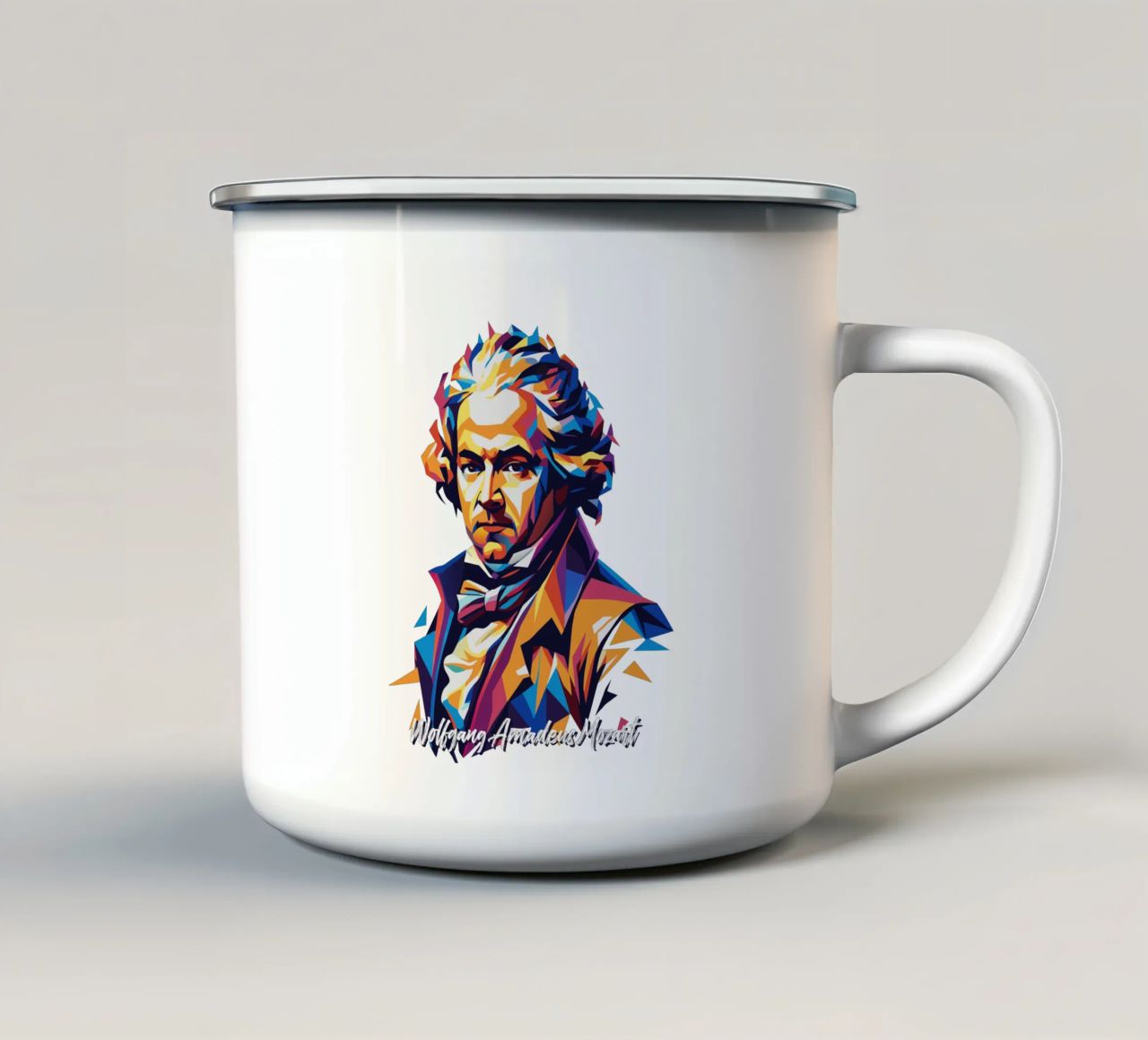 Wolfgang Amadeus Mozart in WPAP Pop Art tazza in smalto da vectorartnesia