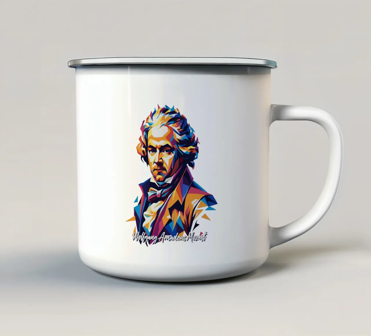 Wolfgang Amadeus Mozart in WPAP Pop Art taza de esmalte de vectorartnesia
