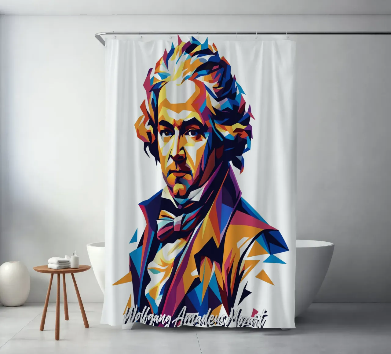 Wolfgang Amadeus Mozart in WPAP Pop Art Duschvorhang von vectorartnesia