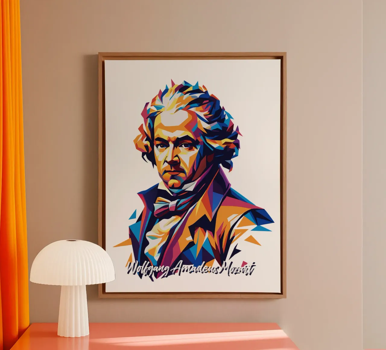 Wolfgang Amadeus Mozart in WPAP Pop Art canvas met Baklijst van vectorartnesia
