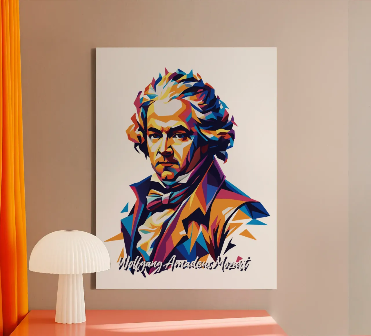 Wolfgang Amadeus Mozart in WPAP Pop Art canvas met Baklijst van vectorartnesia
