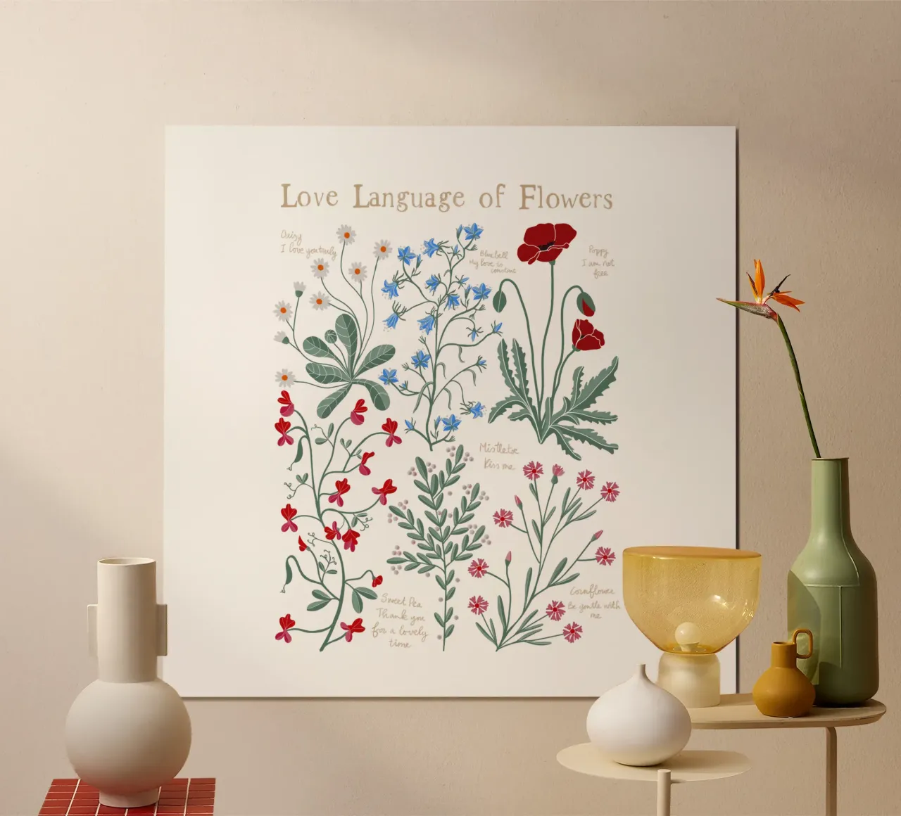 Il linguaggio dei fiori: Carini fiori selvatici disegnati a mano poster con telaio in legno da Studio Patruschka