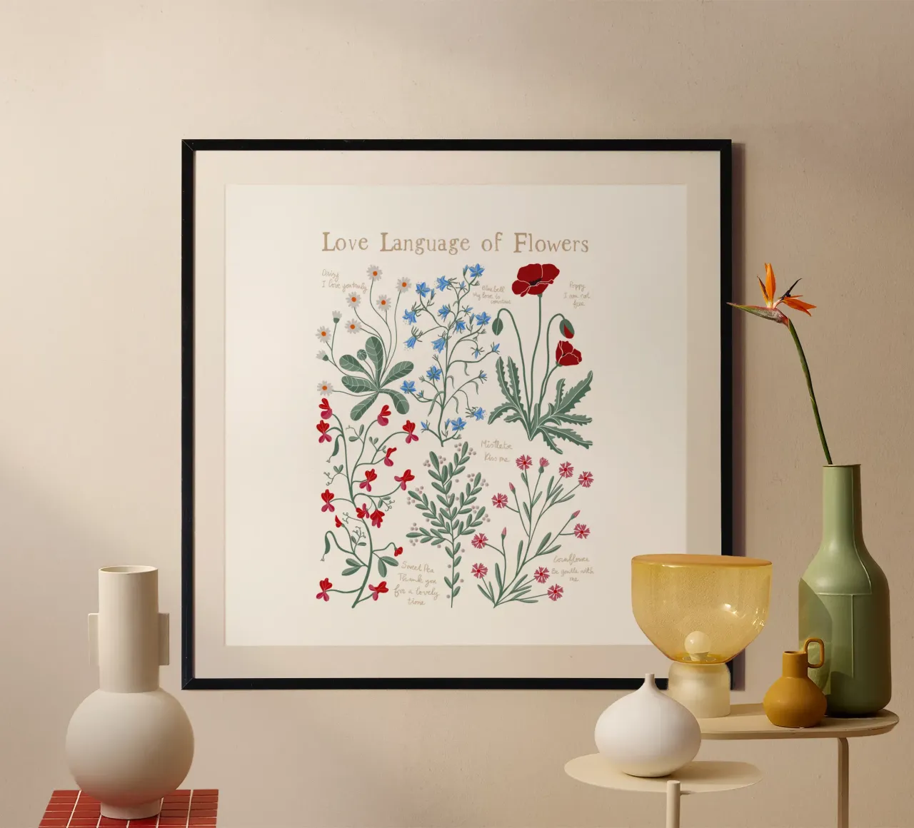 Il linguaggio dei fiori: Carini fiori selvatici disegnati a mano poster con telaio in legno da Studio Patruschka
