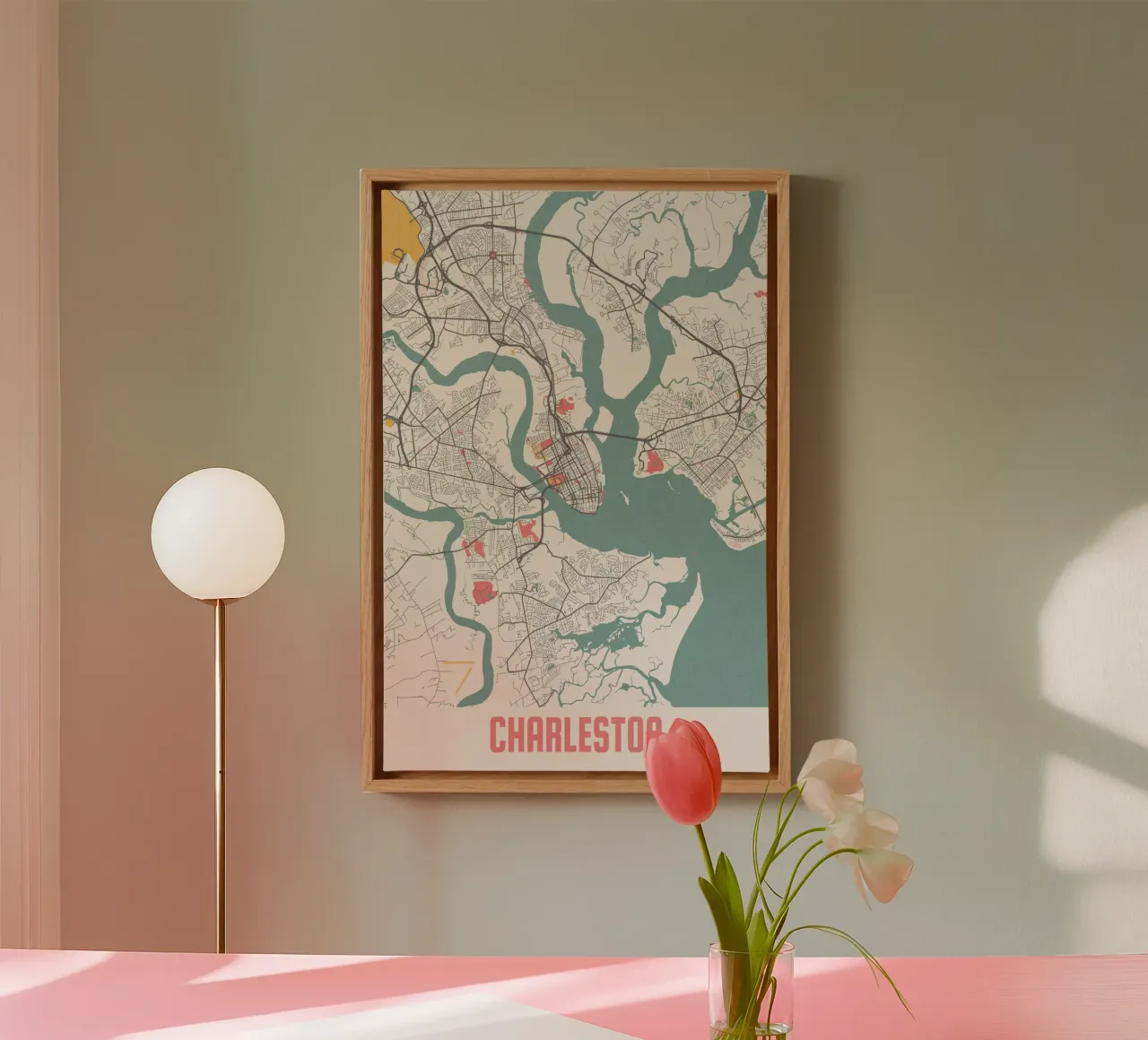 Charleston Kaart - Stijlvolle Kunstprint | FineArt Print canvas met Baklijst van MOOODZART