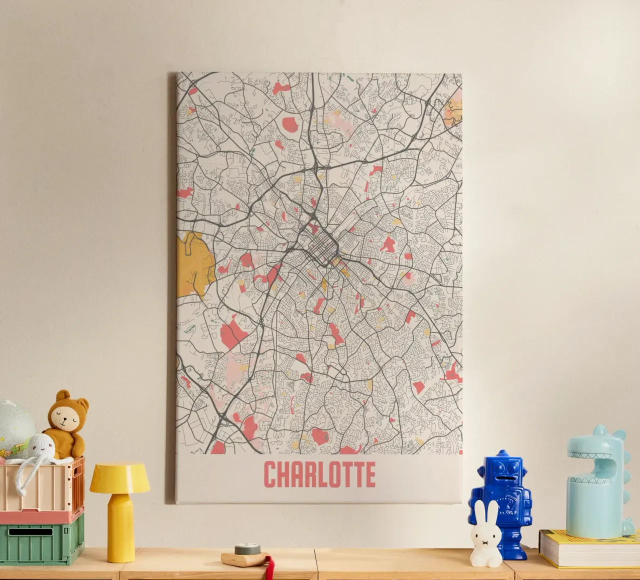Charlotte Kaart van de Stad - Stijlvolle Kunstdruk | FineArt Print canvas met Baklijst van MOOODZART