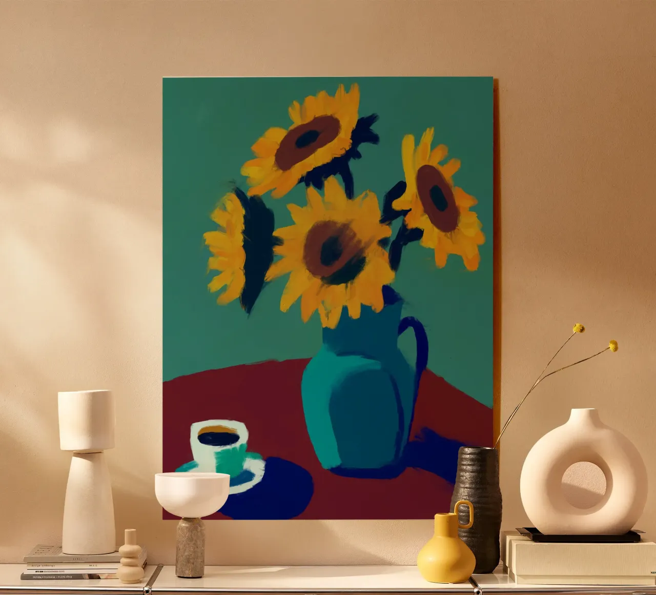 Zonnebloem & Koffie acryl van Colourful Art