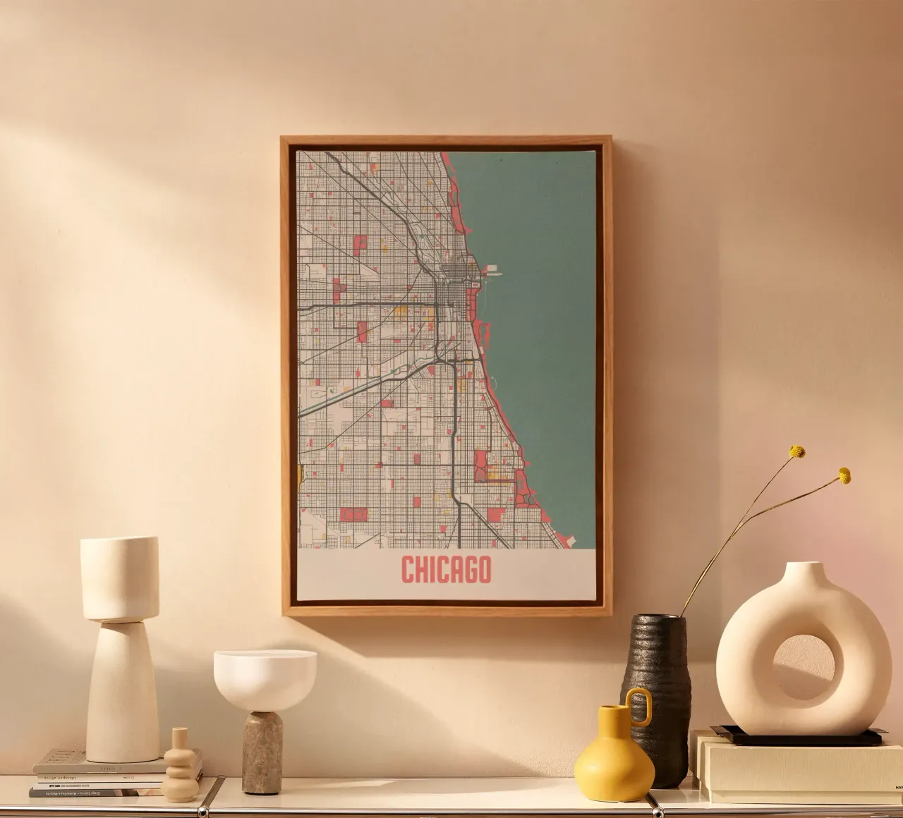 Chicago Kaart - Stijlvolle Kunstprint | FineArt Print canvas met Baklijst van MOOODZART