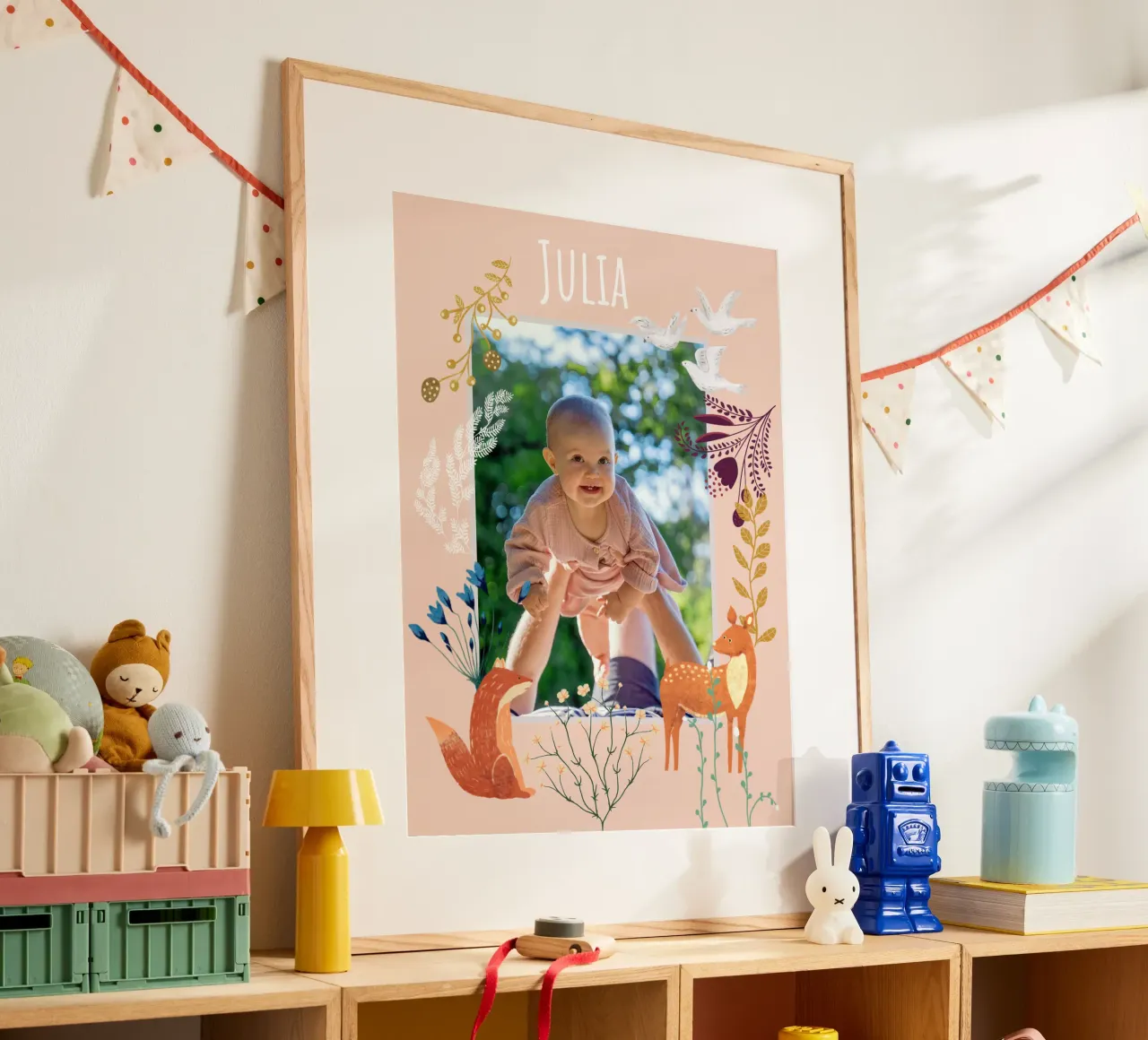 Personalized Baby Name Woodland Art: Fox, Deer, Flowers poster con telaio in alluminio da Studio Patruschka