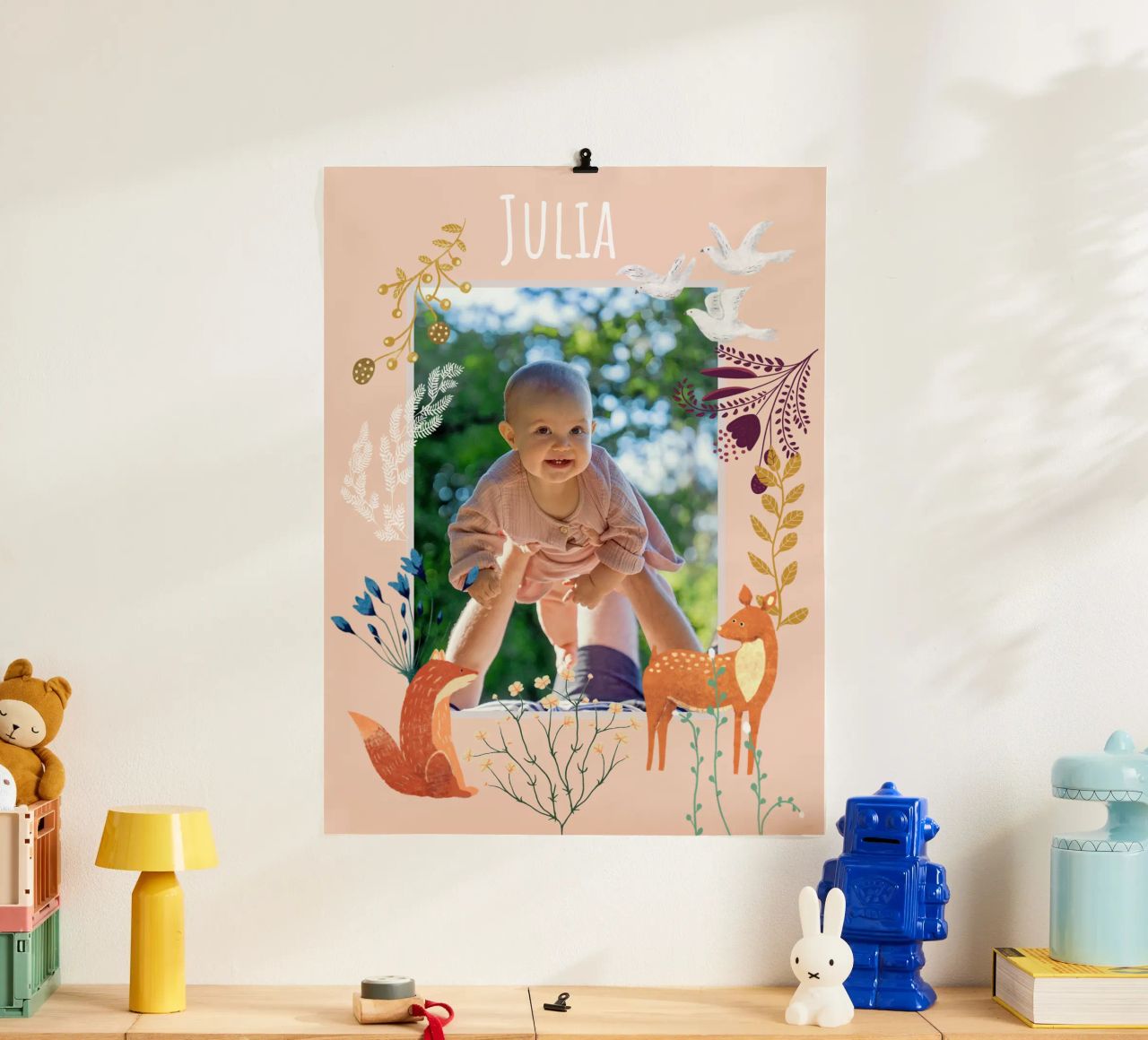 Personalized Baby Name Woodland Art: Fox, Deer, Flowers poster de Studio Patruschka