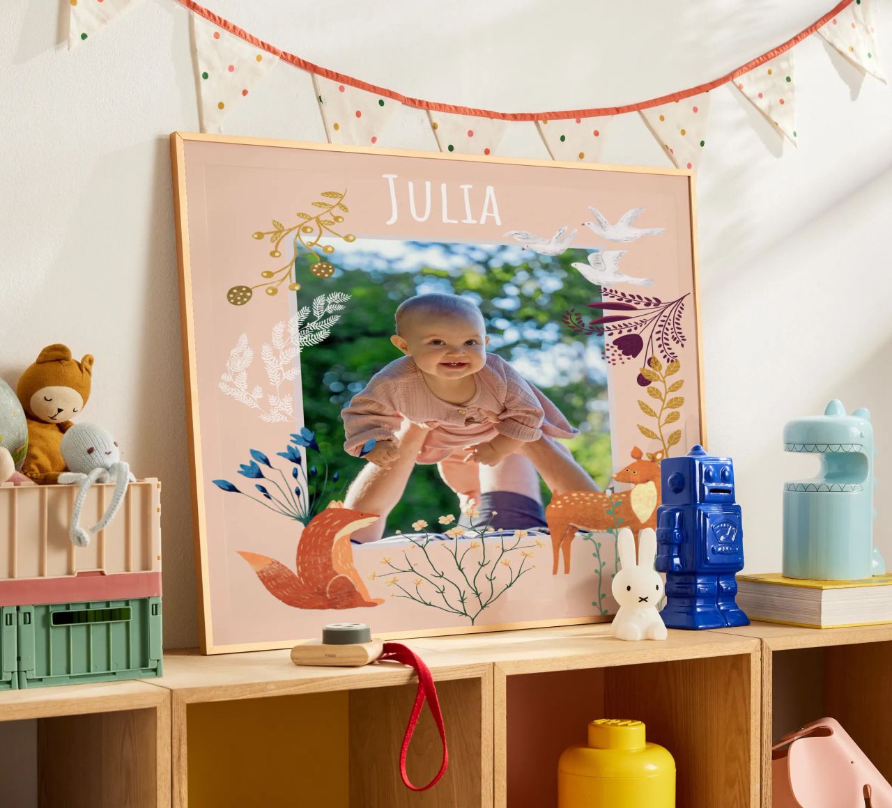 Personalized Baby Name Woodland Art: Fox, Deer, Flowers poster de Studio Patruschka