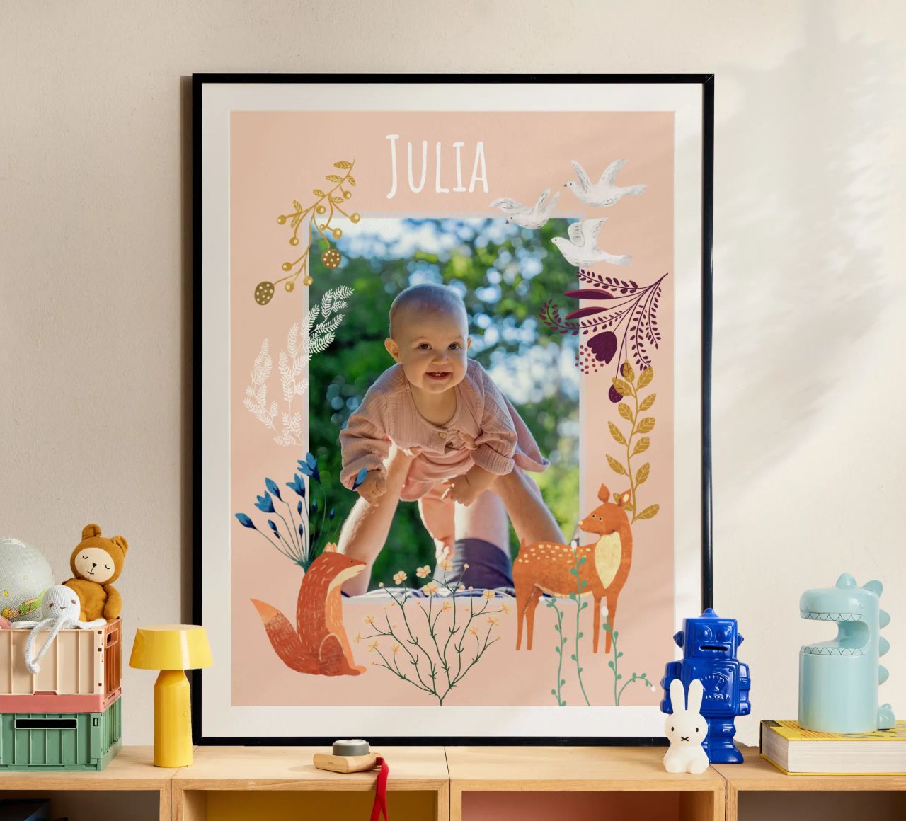 Personalized Baby Name Woodland Art: Fox, Deer, Flowers poster de Studio Patruschka