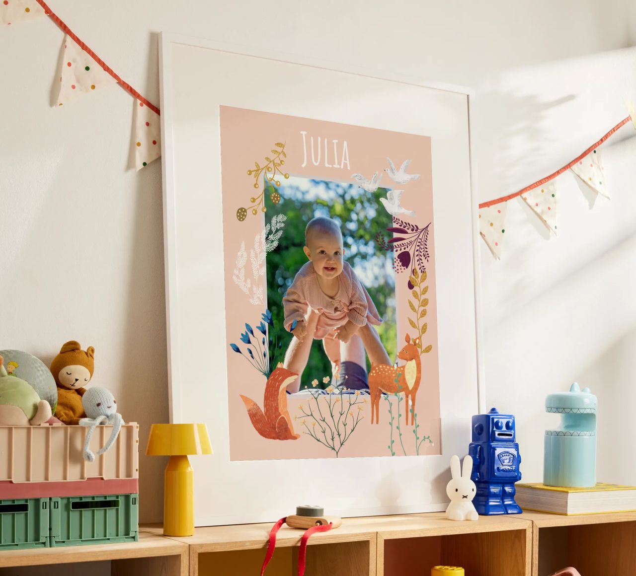 Personalized Baby Name Woodland Art: Fox, Deer, Flowers poster de Studio Patruschka
