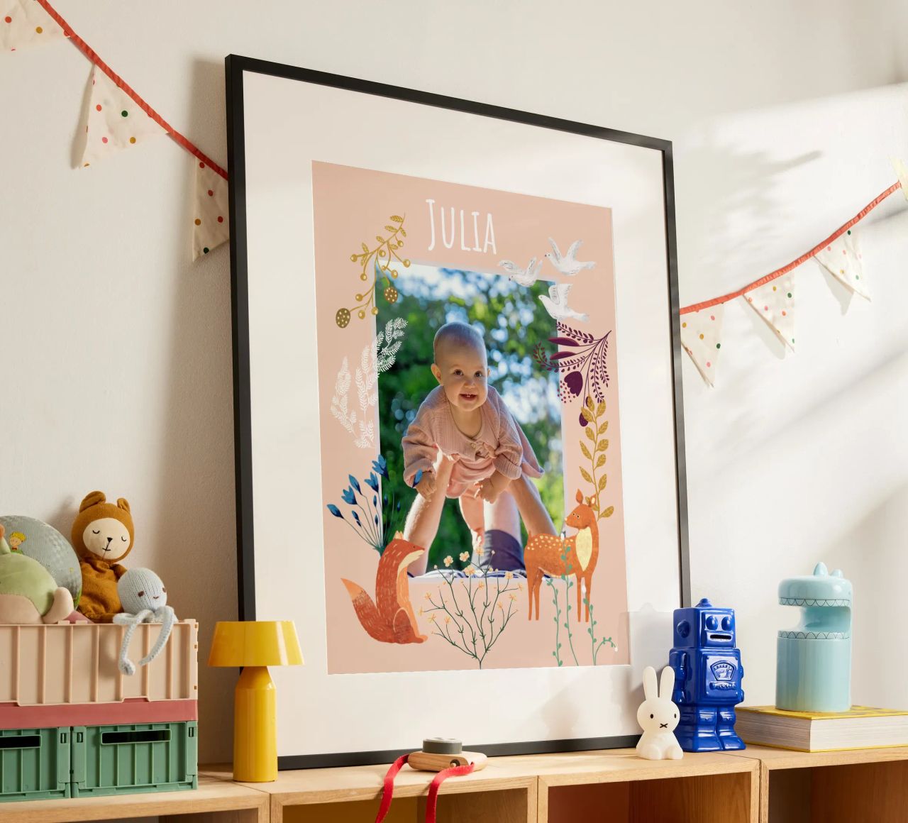 Personalized Baby Name Woodland Art: Fox, Deer, Flowers poster de Studio Patruschka