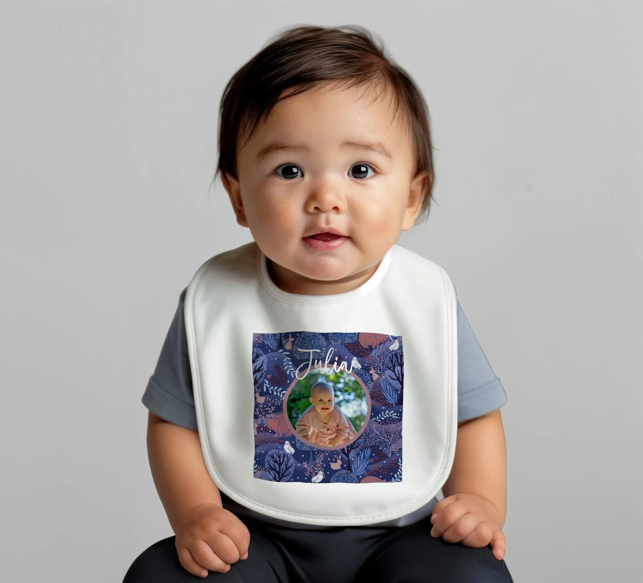 Foto personalizada del nombre del bebé Woodland Art: Conejo, Búho, Oso babero de Studio Patruschka