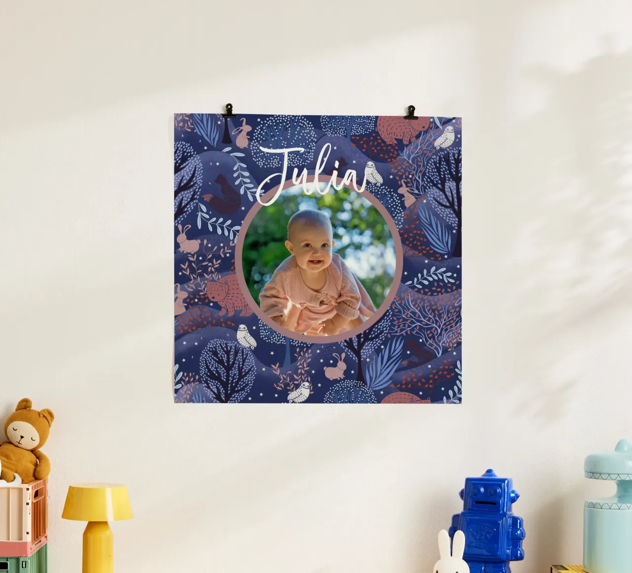 Foto personalizzata del nome del bambino Arte del bosco: Coniglio, gufo, orso poster da Studio Patruschka