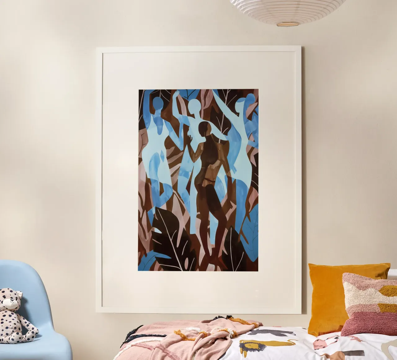 Danza cubista della pioggia in blu-marrone poster con telaio in legno da Autofocus