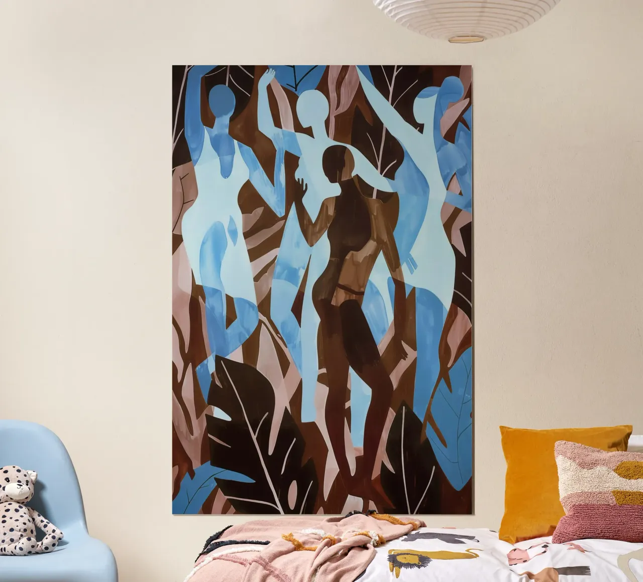 Danza cubista della pioggia in blu-marrone poster con telaio in legno da Autofocus