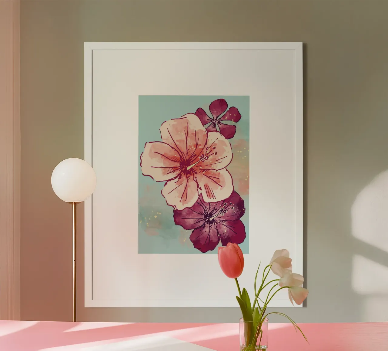 Hibiscus flower for a tropical vibes, pastel poster with aluminum frame by janine.aigner.work