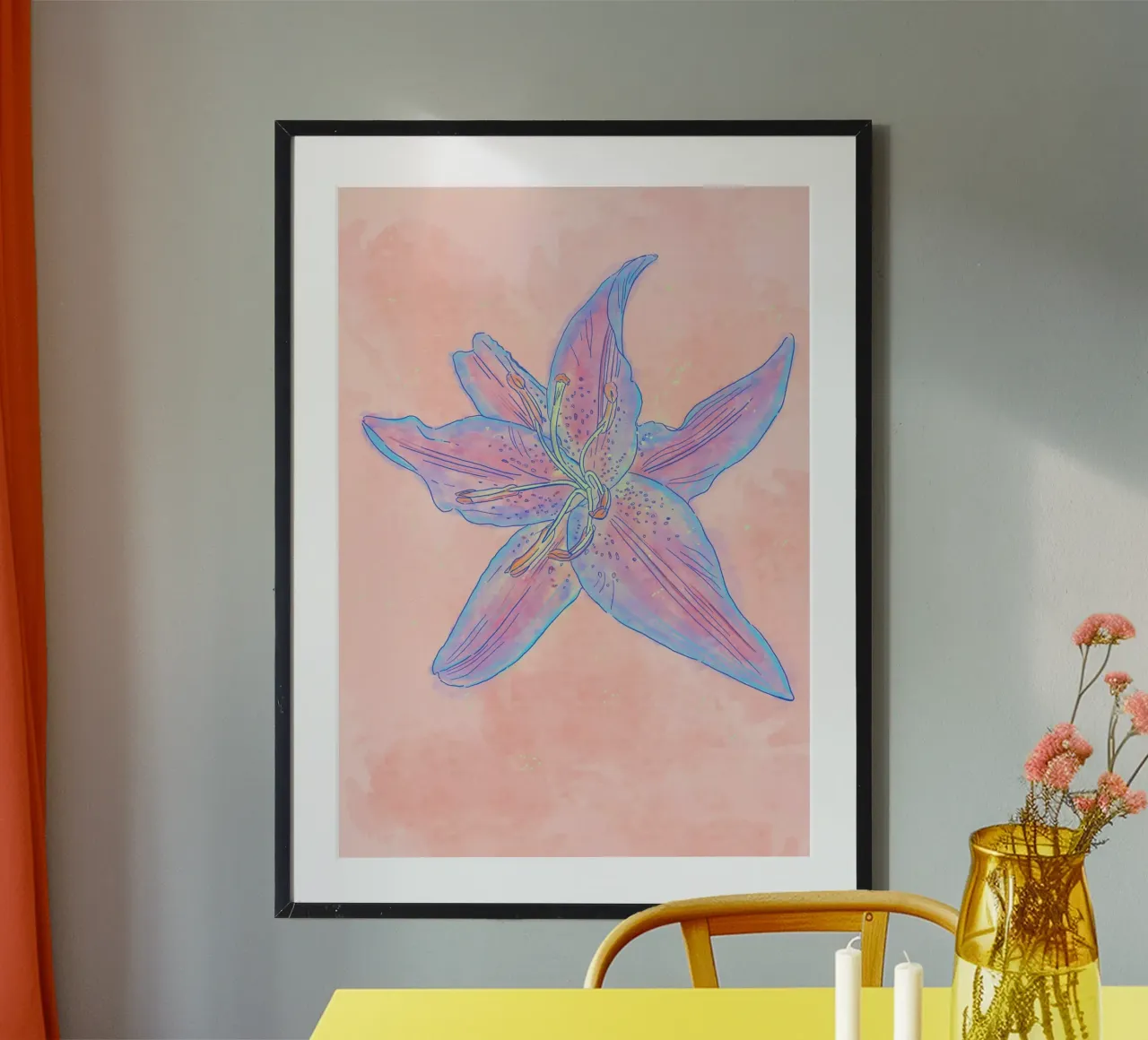 tropical psychedelic hibiscus flower poster avec cadre en bois de janine.aigner.work