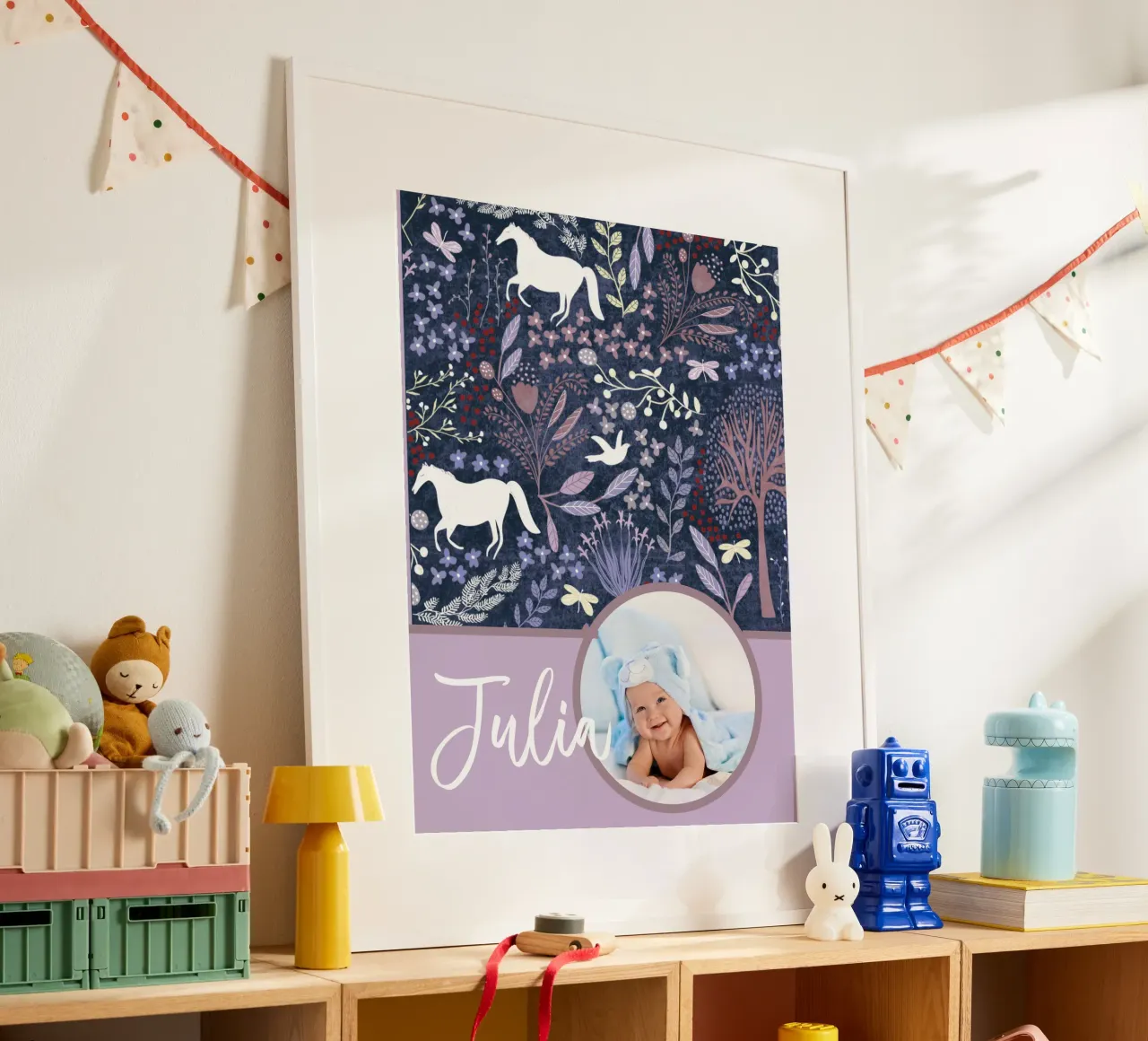 Personalized Baby Name Woodland Art: Horses, Flowers, trees poster with plastic frame by Studio Patruschka