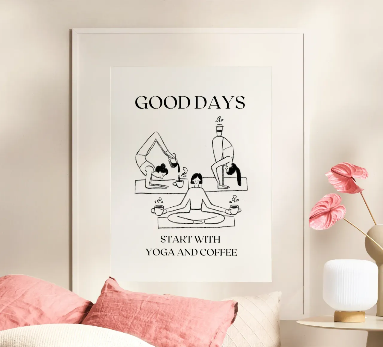 LE BELLE GIORNATE INIZIANO CON LO YOGA E IL CAFFÈ poster con telaio in plastica da ArtDesign by KBK