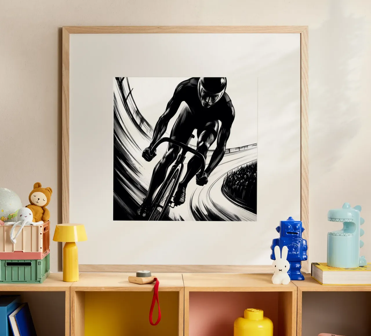 GAREGGIARE SULLA PISTA poster con telaio in legno da ARTOMATIC