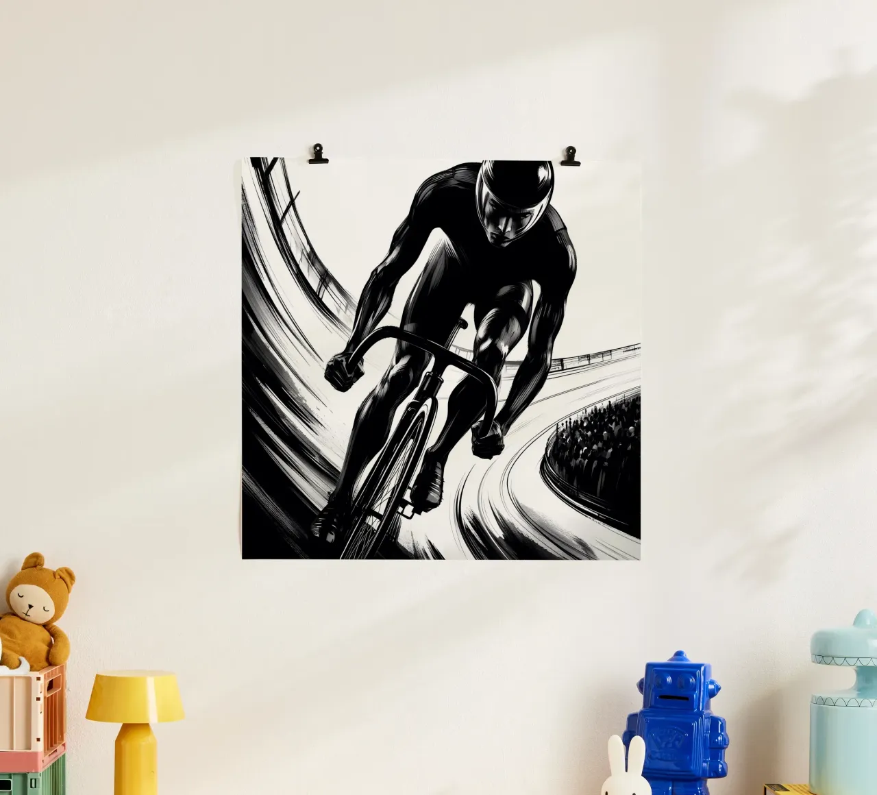 GAREGGIARE SULLA PISTA poster con telaio in legno da ARTOMATIC
