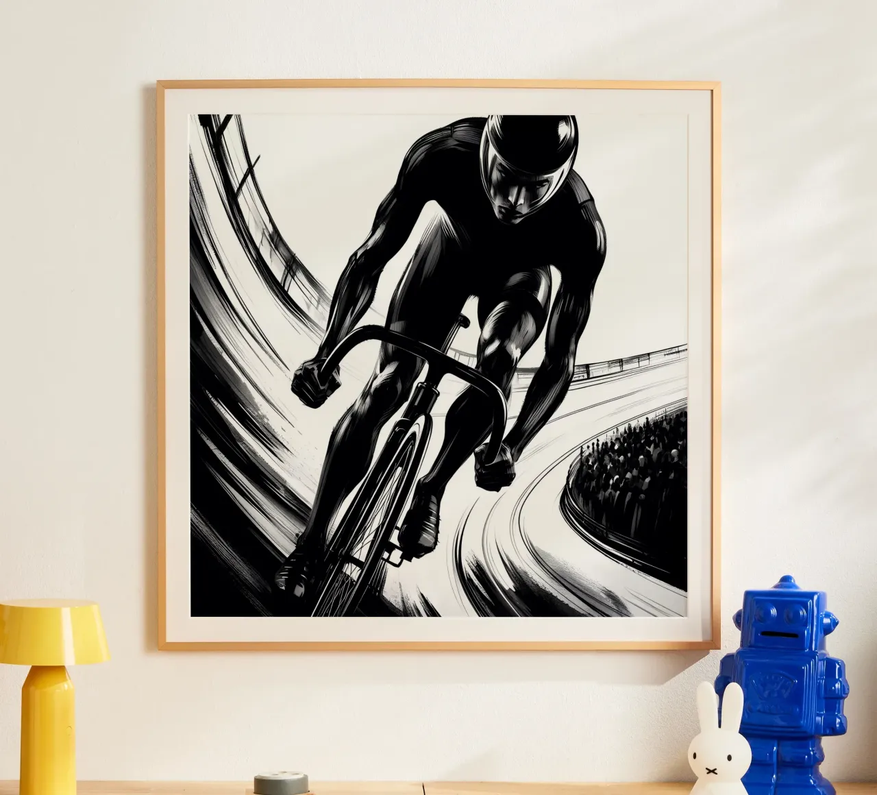 GAREGGIARE SULLA PISTA poster con telaio in legno da ARTOMATIC