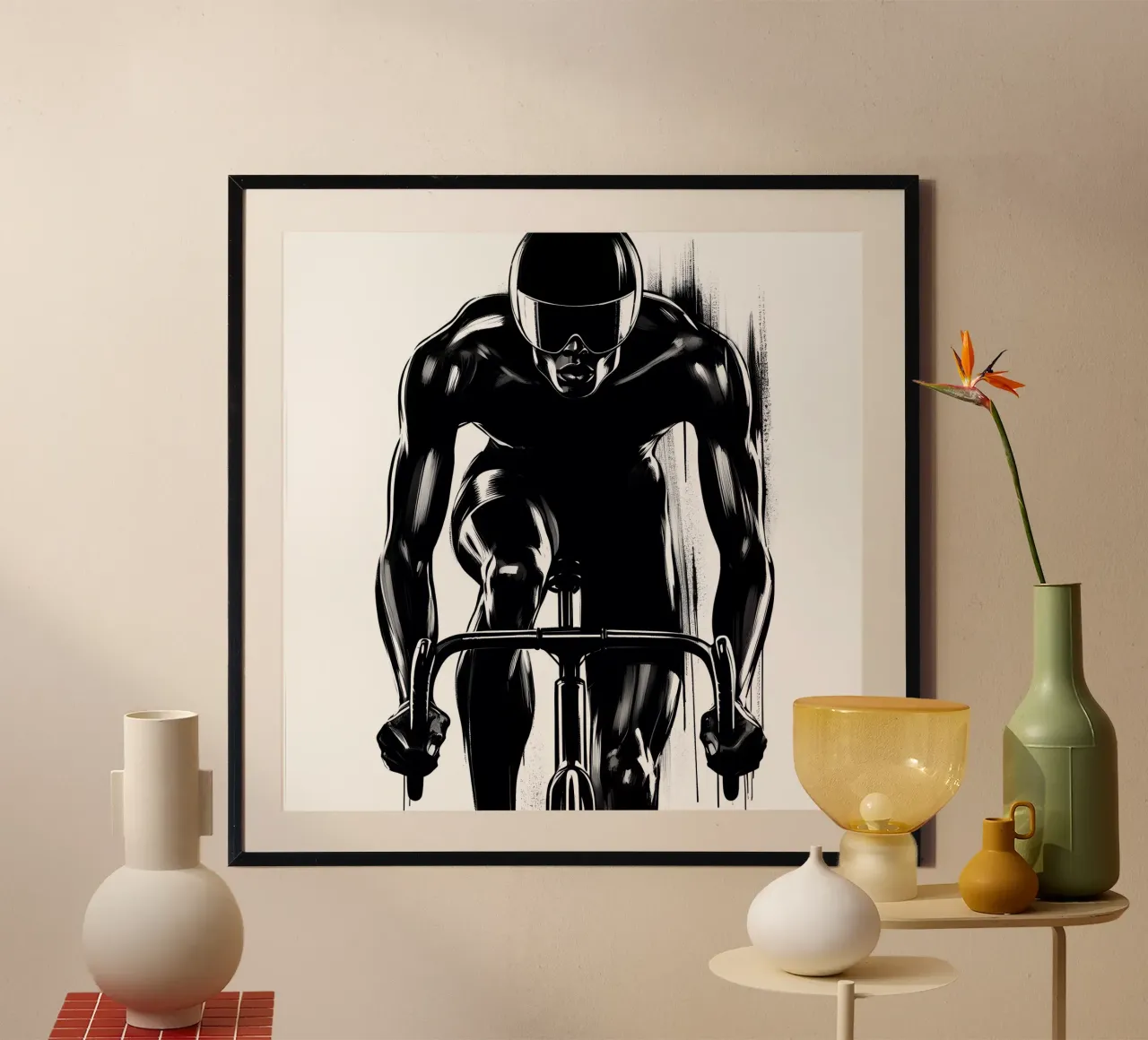 RADFAHRER AUF FAHRRAD Poster mit Aluminium Rahmen von ARTOMATIC