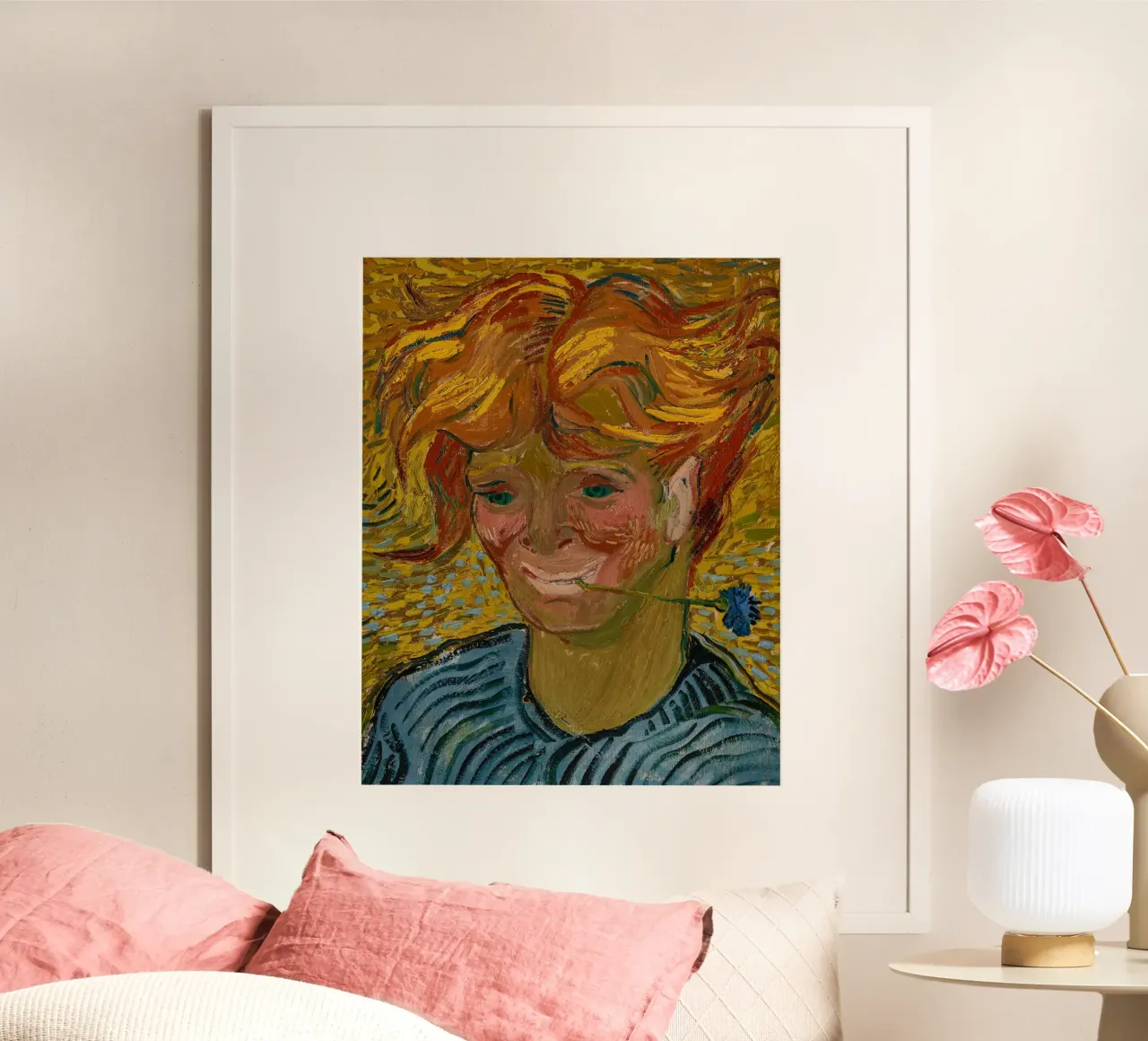 Vincent Van Gogh - Giovane uomo con fiordaliso poster con telaio in alluminio da Timeless Artworks