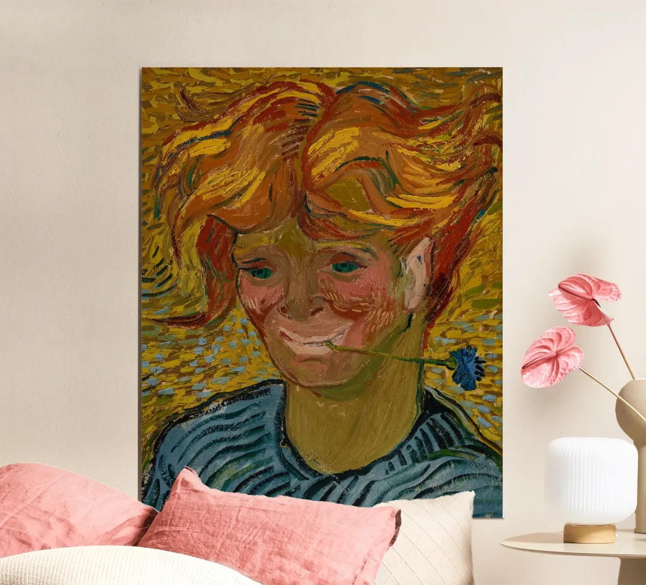 Vincent Van Gogh - Giovane uomo con fiordaliso poster con telaio in alluminio da Timeless Artworks