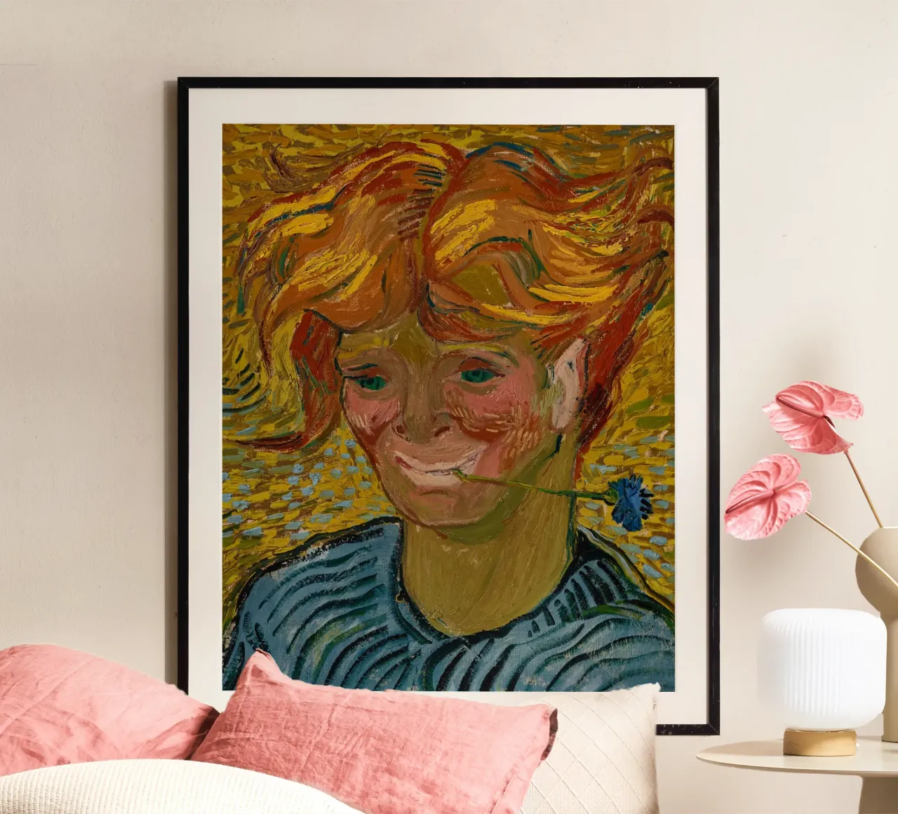 Vincent Van Gogh - Giovane uomo con fiordaliso poster con telaio in alluminio da Timeless Artworks