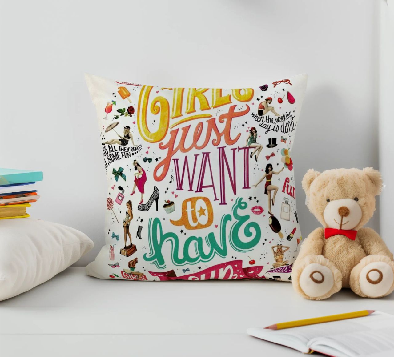 Girls Just Want to Have Fun - Draw Me A Song Project decorative cushion by Nour Tohme