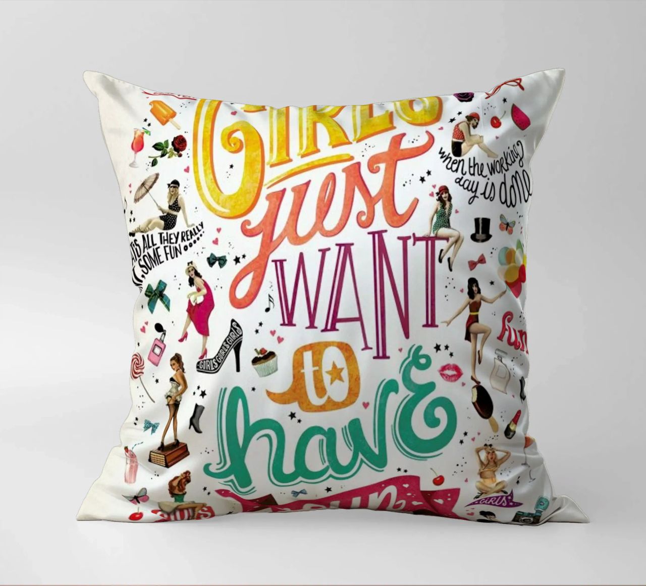 Girls Just Want to Have Fun - Draw Me A Song Project decorative cushion by Nour Tohme