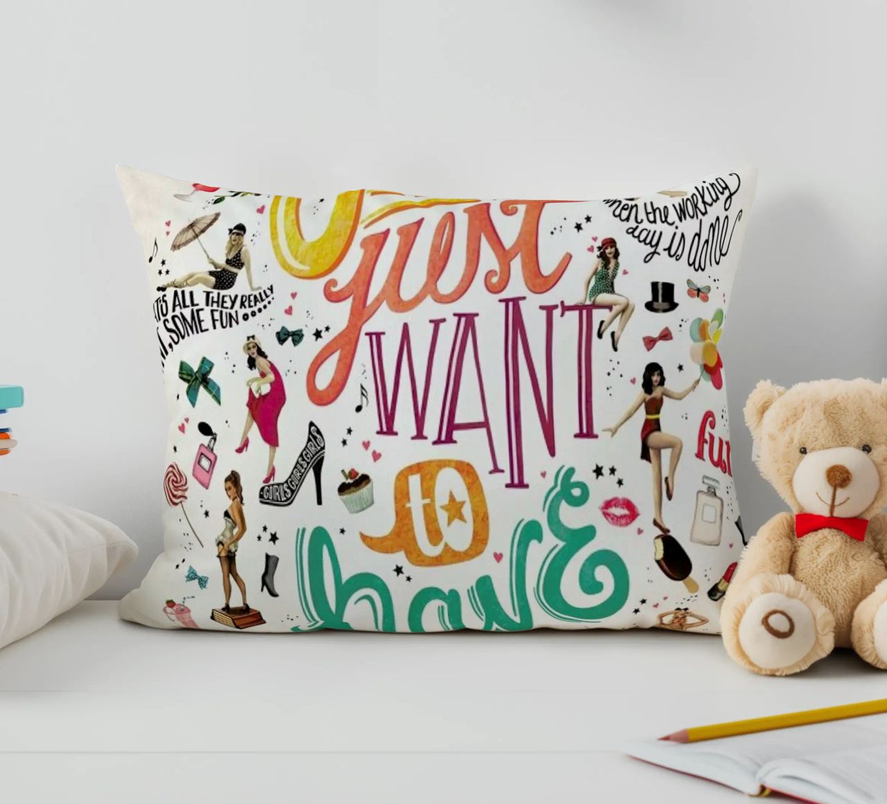 Girls Just Want to Have Fun - Draw Me A Song Project decorative cushion by Nour Tohme