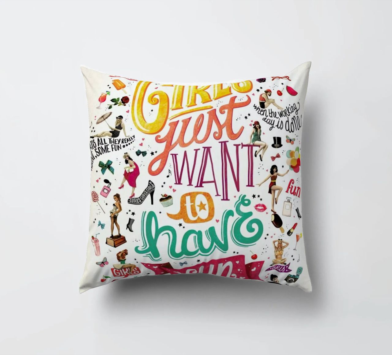Girls Just Want to Have Fun - Draw Me A Song Project decorative cushion by Nour Tohme