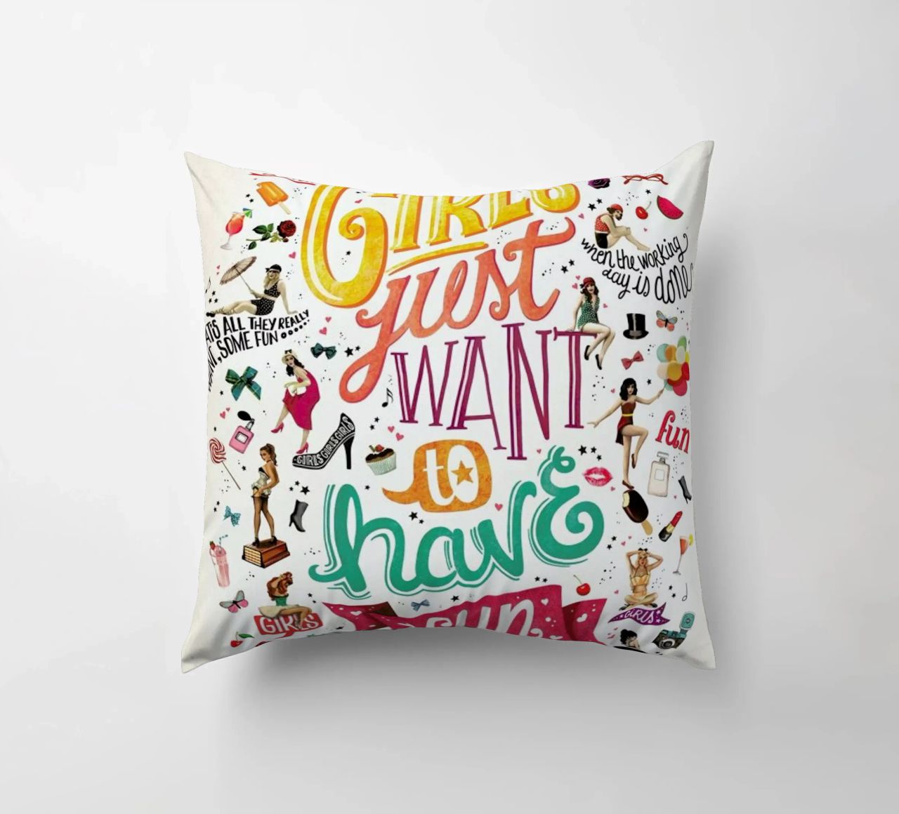Girls Just Want to Have Fun - Draw Me A Song Project decorative cushion by Nour Tohme