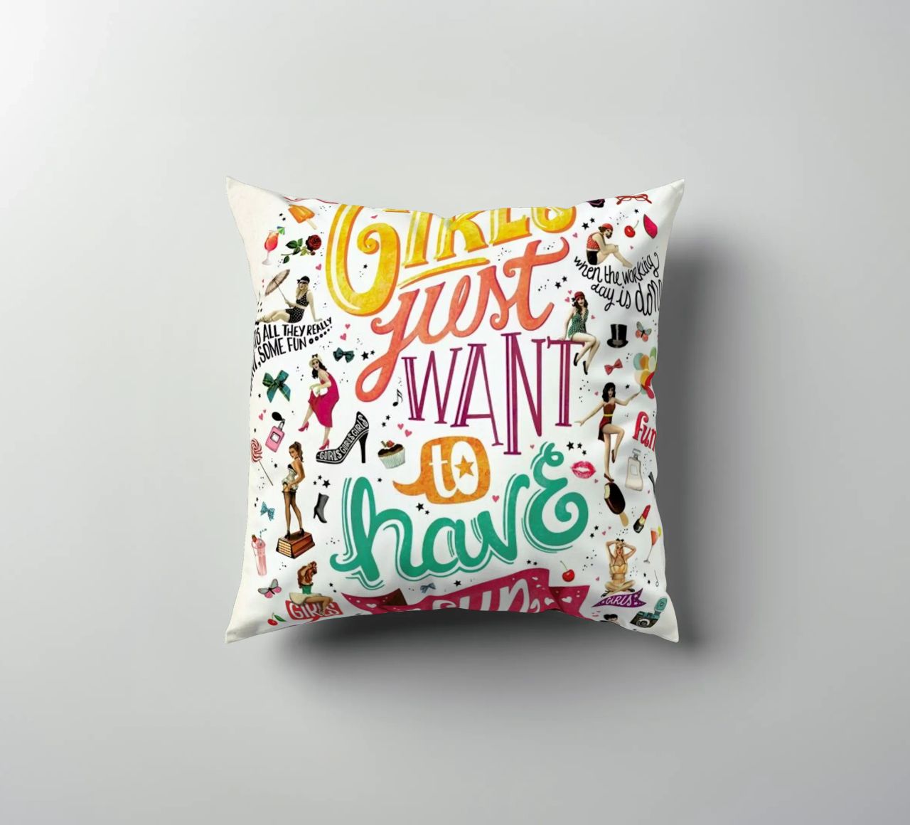 Girls Just Want to Have Fun - Draw Me A Song Project decorative cushion by Nour Tohme