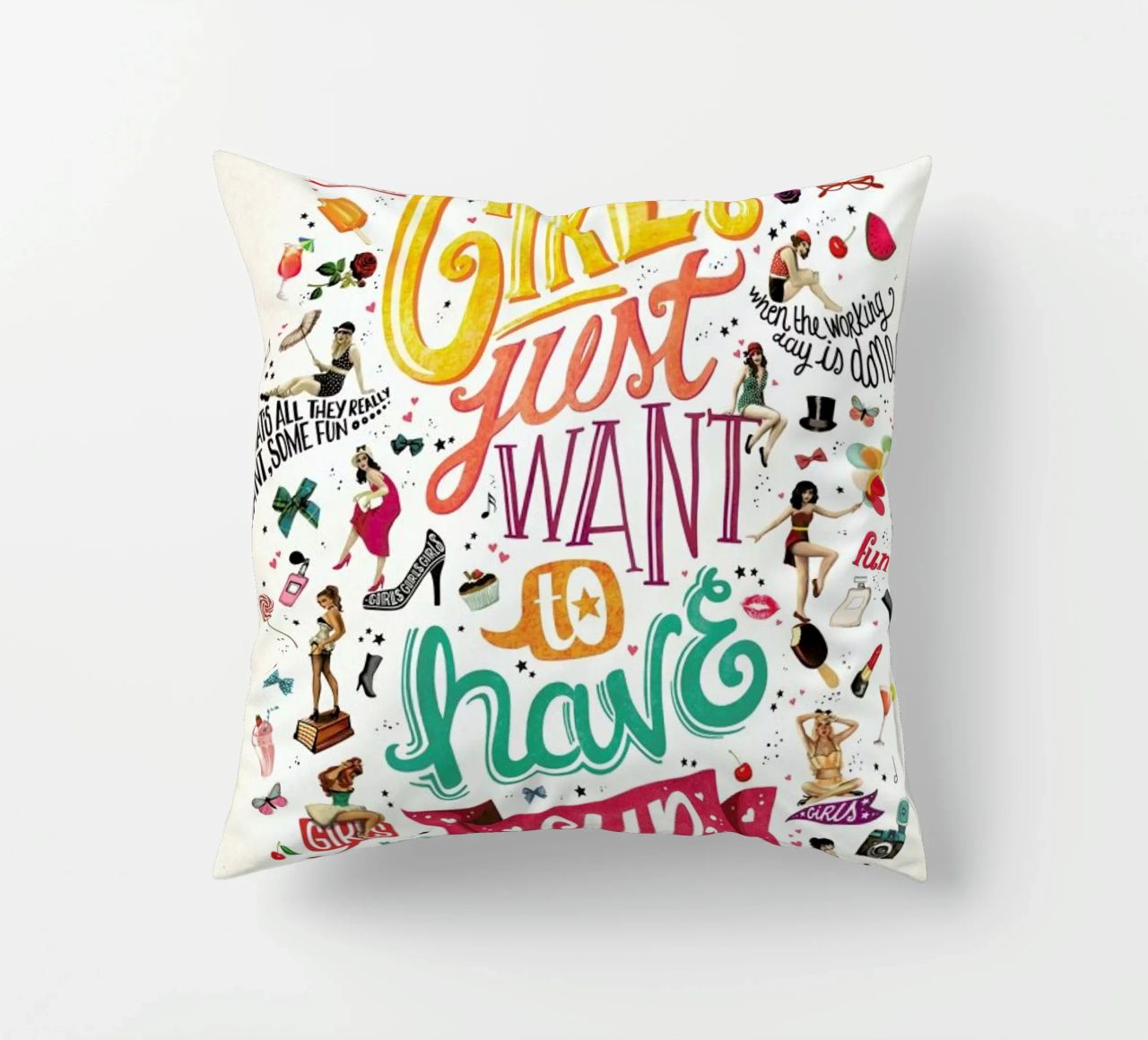 Girls Just Want to Have Fun - Draw Me A Song Project decorative cushion by Nour Tohme