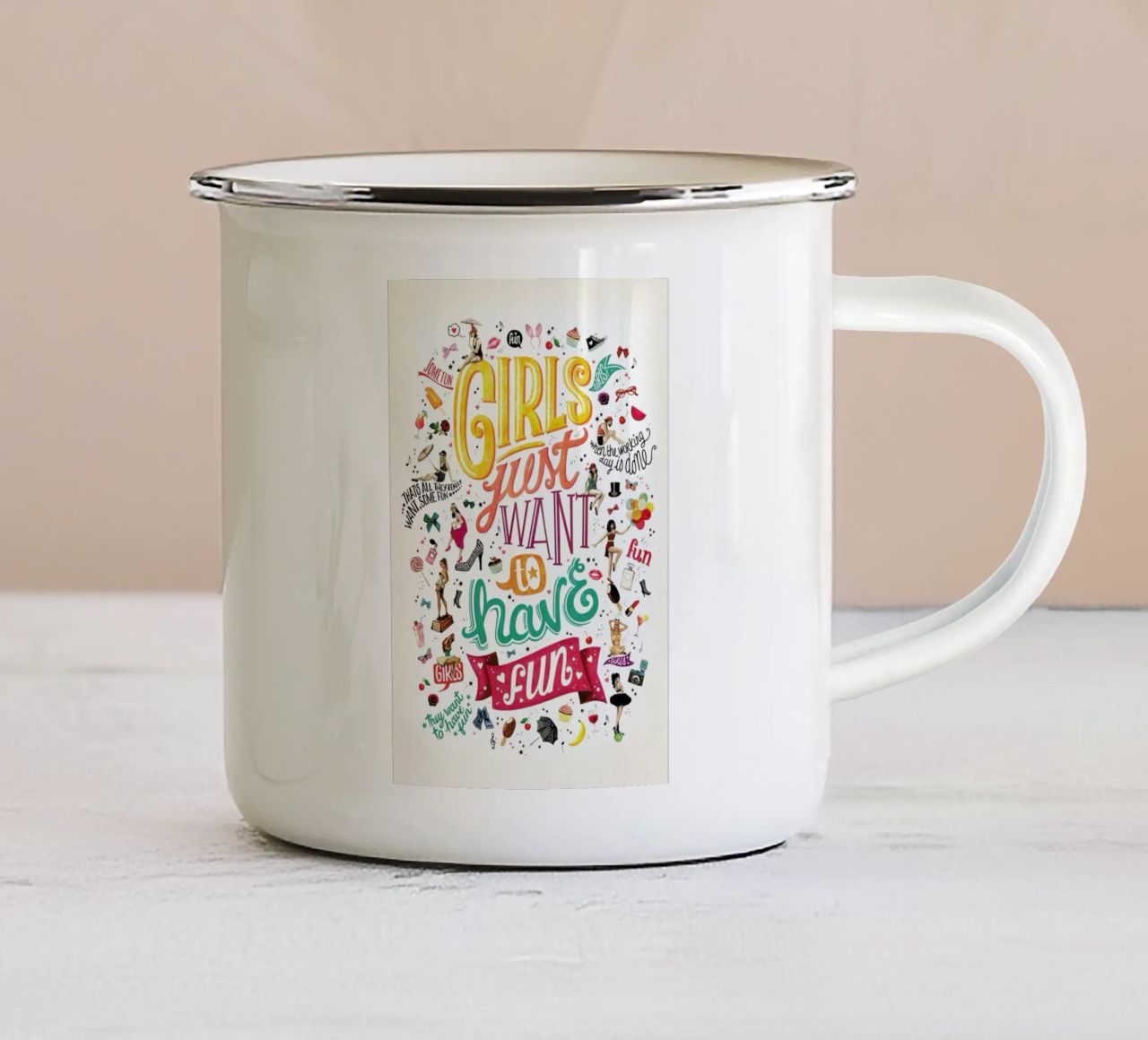 Girls Just Want to Have Fun - Draw Me A Song Project enamel mug by Nour Tohme