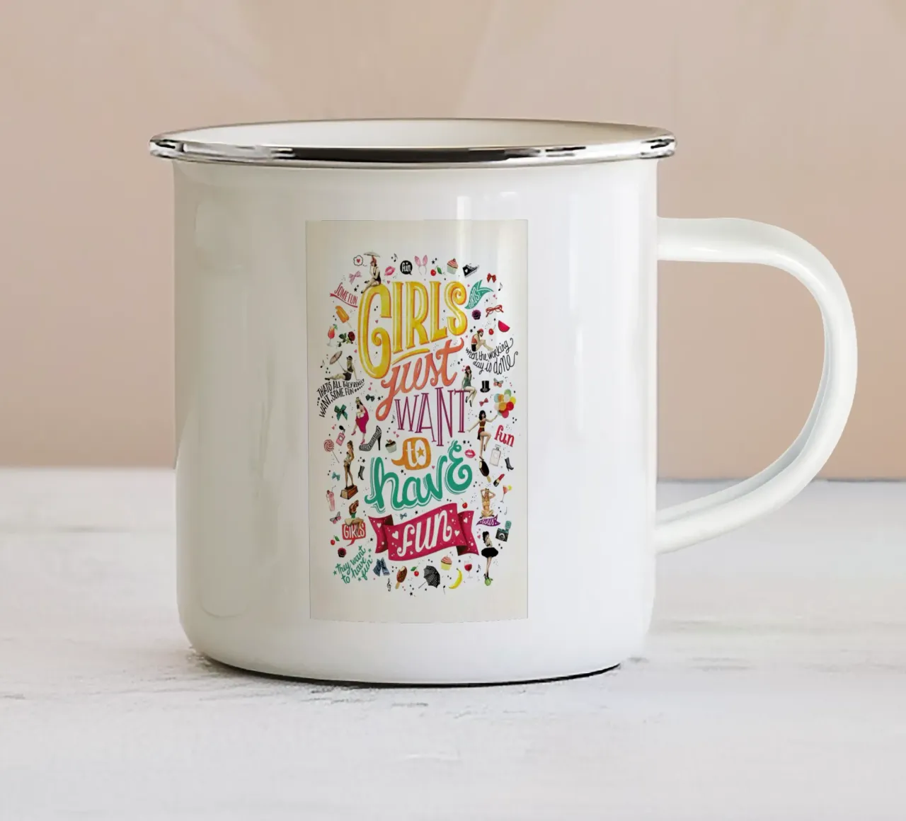 Girls Just Want to Have Fun - Draw Me A Song Project enamel mug by Nour Tohme