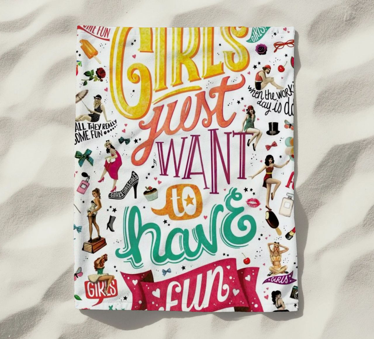 Girls Just Want to Have Fun - Draw Me A Song Project beach towel by Nour Tohme